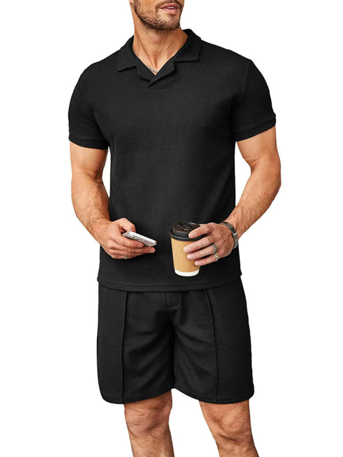 Men's Plus Size Short Sleeve Top and Shorts Set in Black