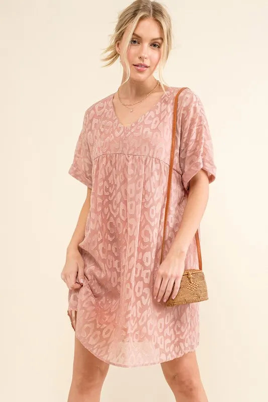 And The Why Woven Leopard Baby Doll Roll-Sleeve Casual Dress - Lilixa.store