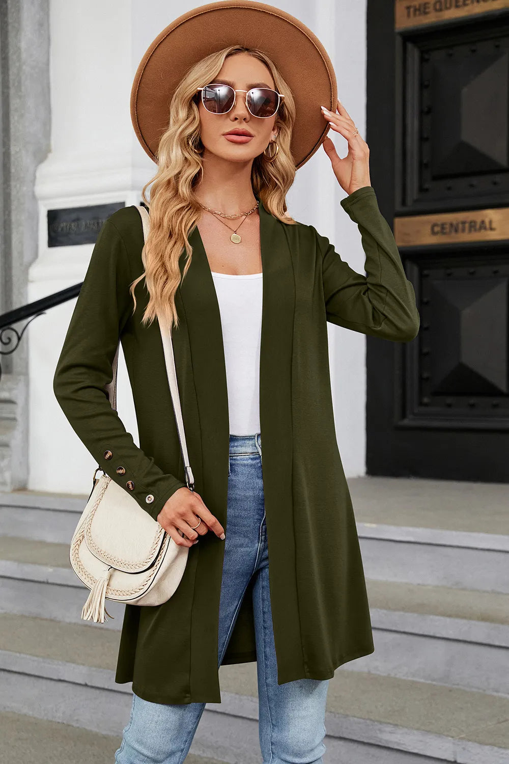 Open Front Long Sleeve Cardigan in Moss