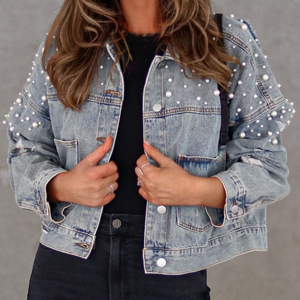 Bead Detail Denim Jacket in Black