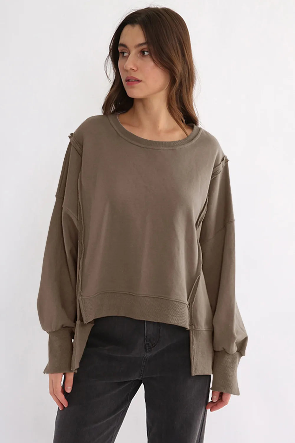Exposed Seam High-Low Long Sleeve Sweatshirt - Lilixa.store