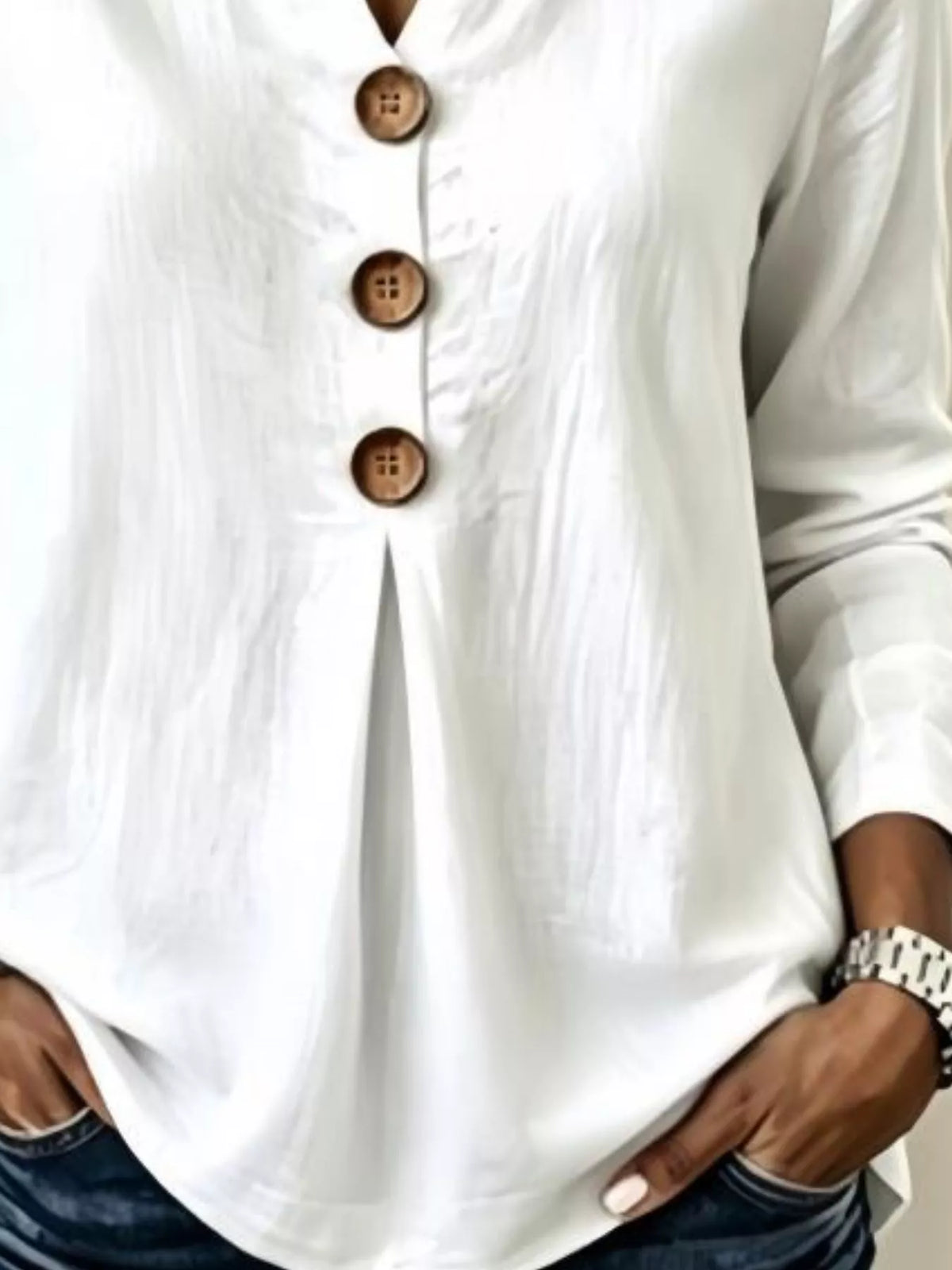 Full Size Button Detail Long Sleeve Blouse Plus Size, view 2