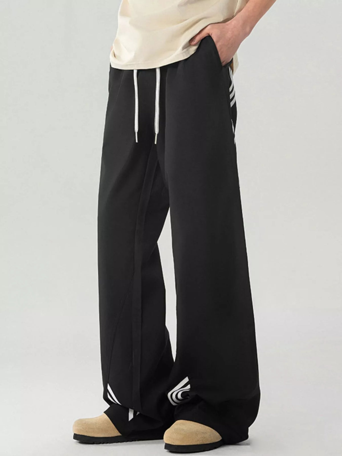Men's Full Size Wide Leg Striped Casual Pants Plus Size in Black