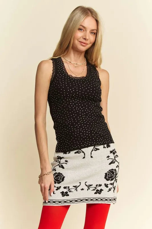 Davi & Dani Rhinestone Lace Trim Detail Tank - Lilixa.store