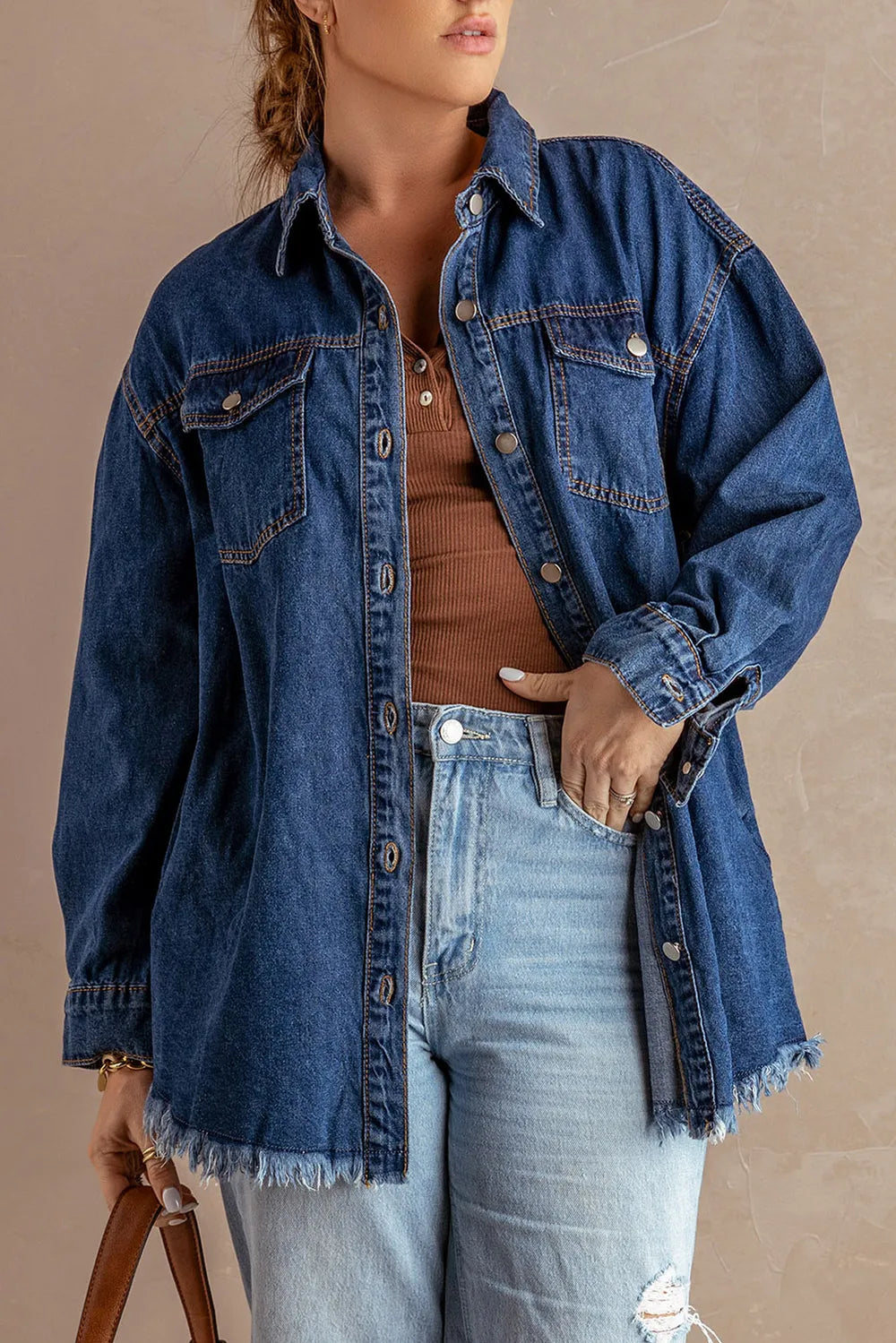 Button Up Pocketed Raw Hem Denim Jacket in Dark Blue