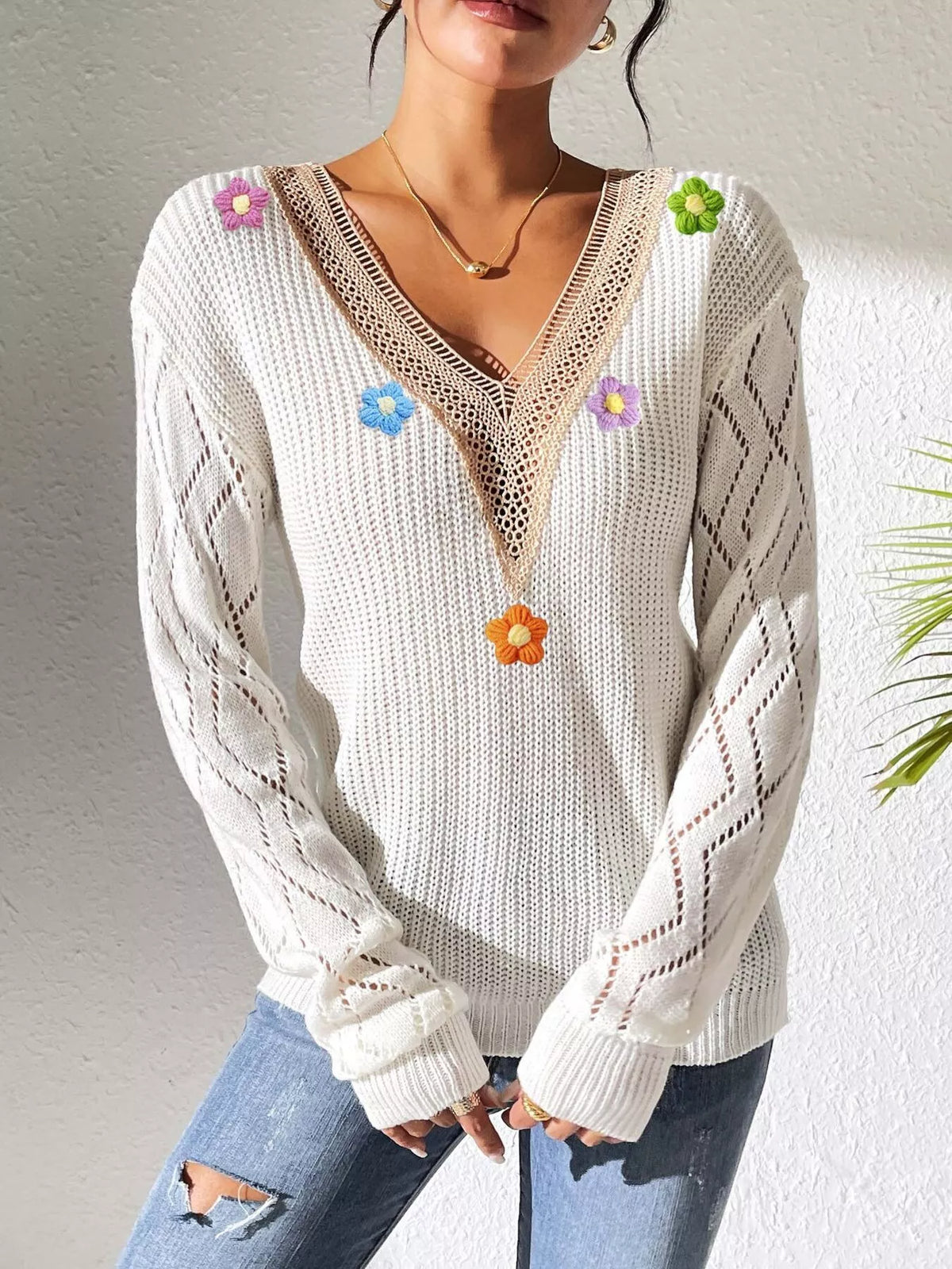 Floral Applique V-Neck Openwork Sweater