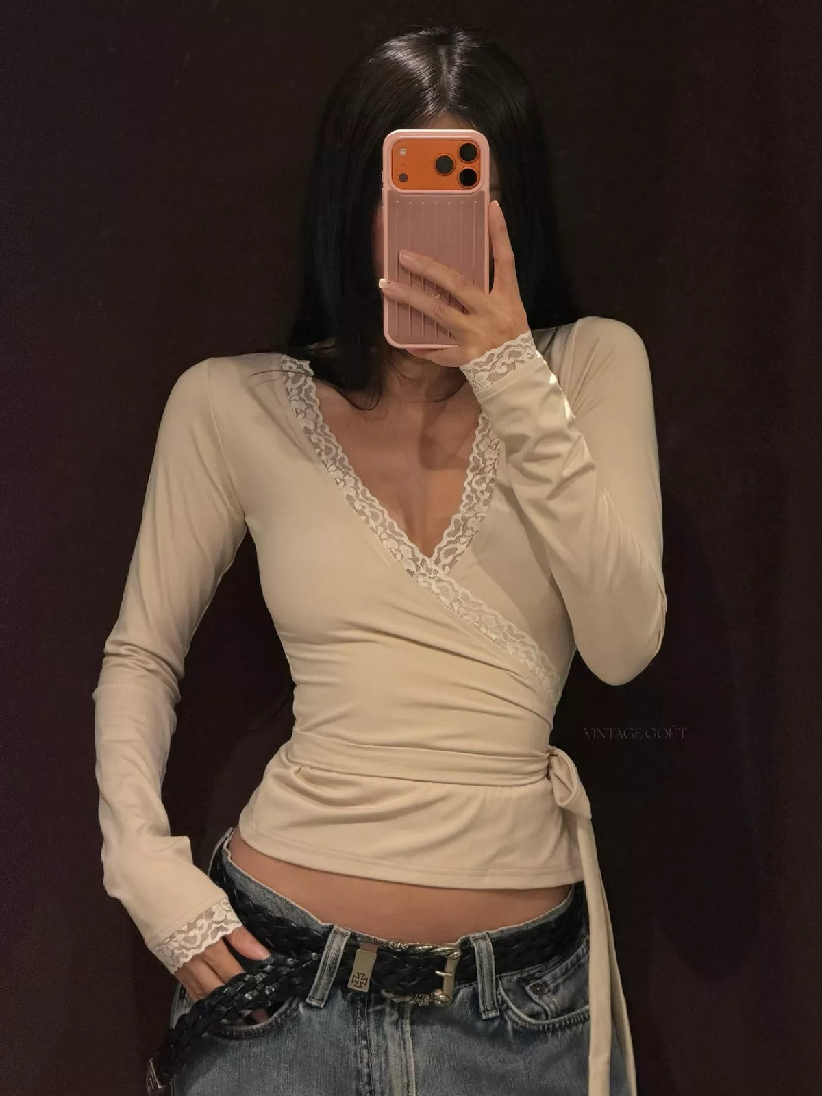 Lace-Trimmed Long Sleeves Wrap Blouse - Lilixa.store