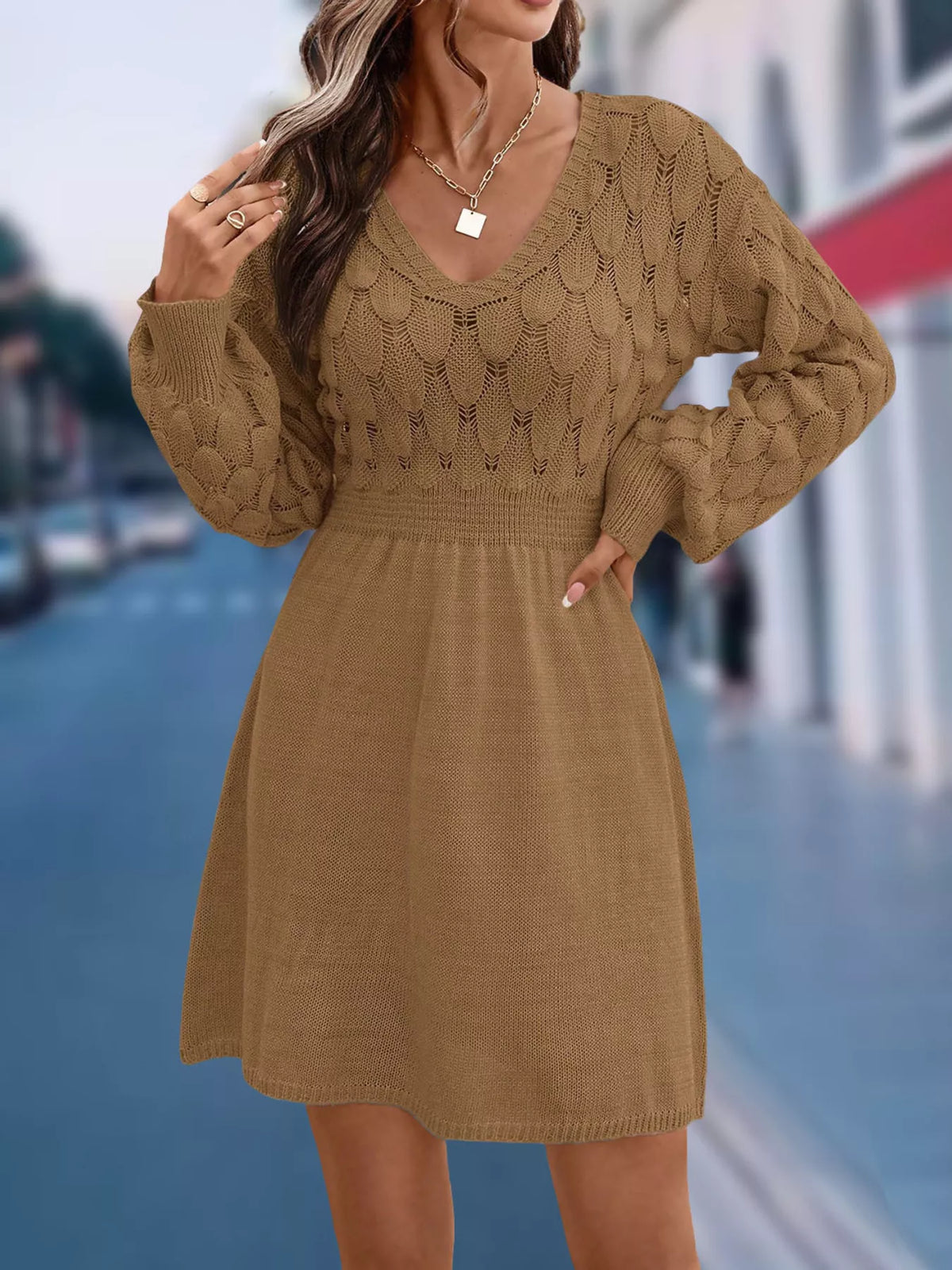 V-Neck Long Sleeve Sweater Dress, view 12