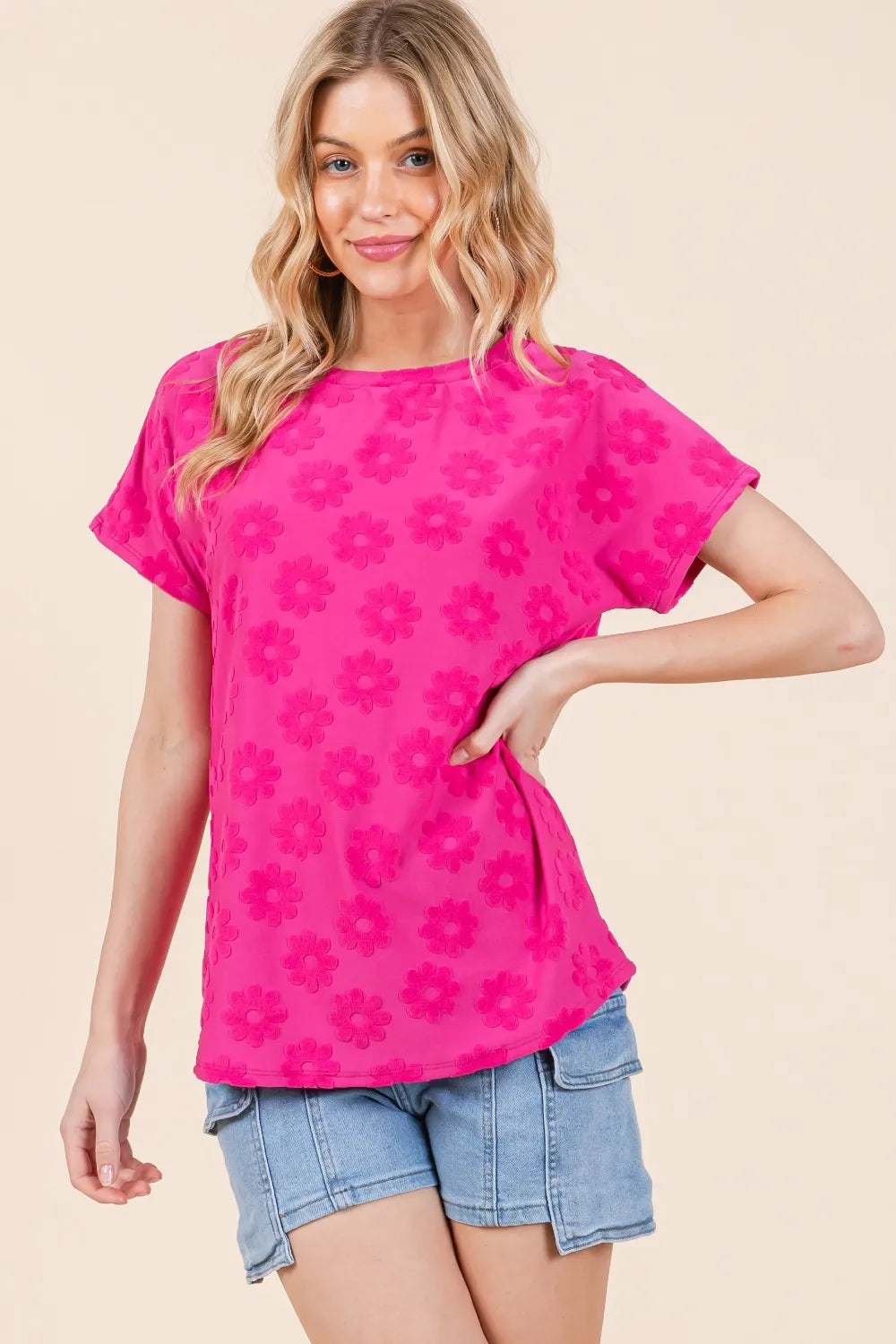 BOMBOM Textured Floral Pattern Short Sleeve T-Shirt - Lilixa.store