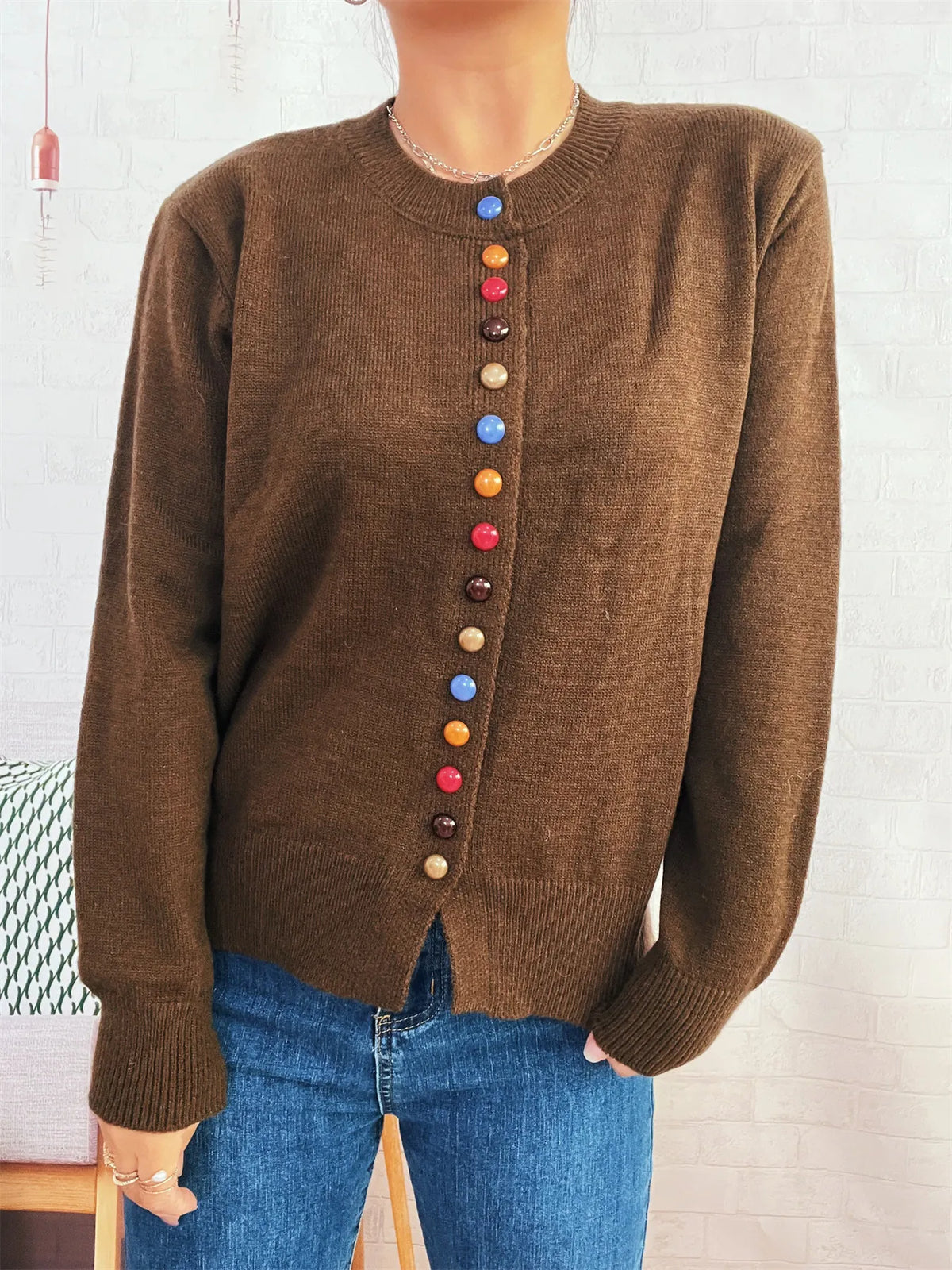 Button-Front Cardigan with Colorful Detail Buttons - Lilixa.store