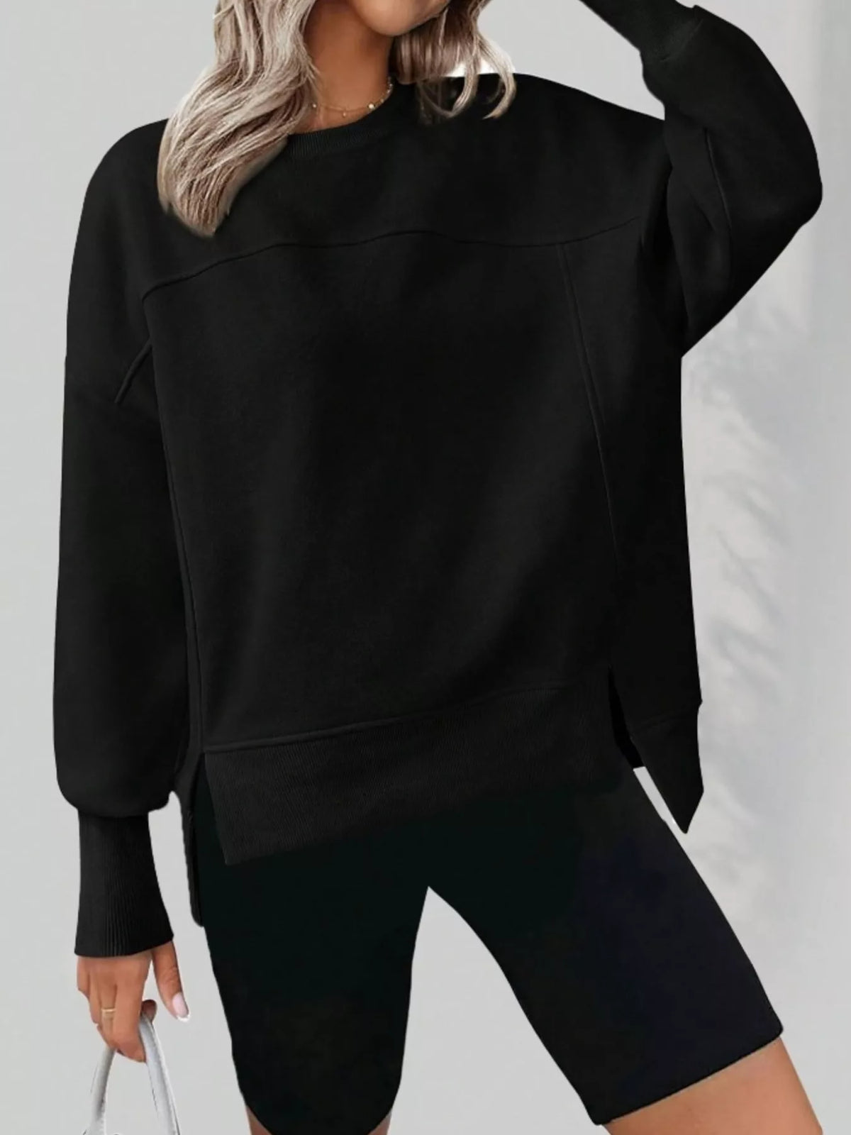 Slit Round Neck Dropped Shoulder Sweatshirt - Lilixa.store
