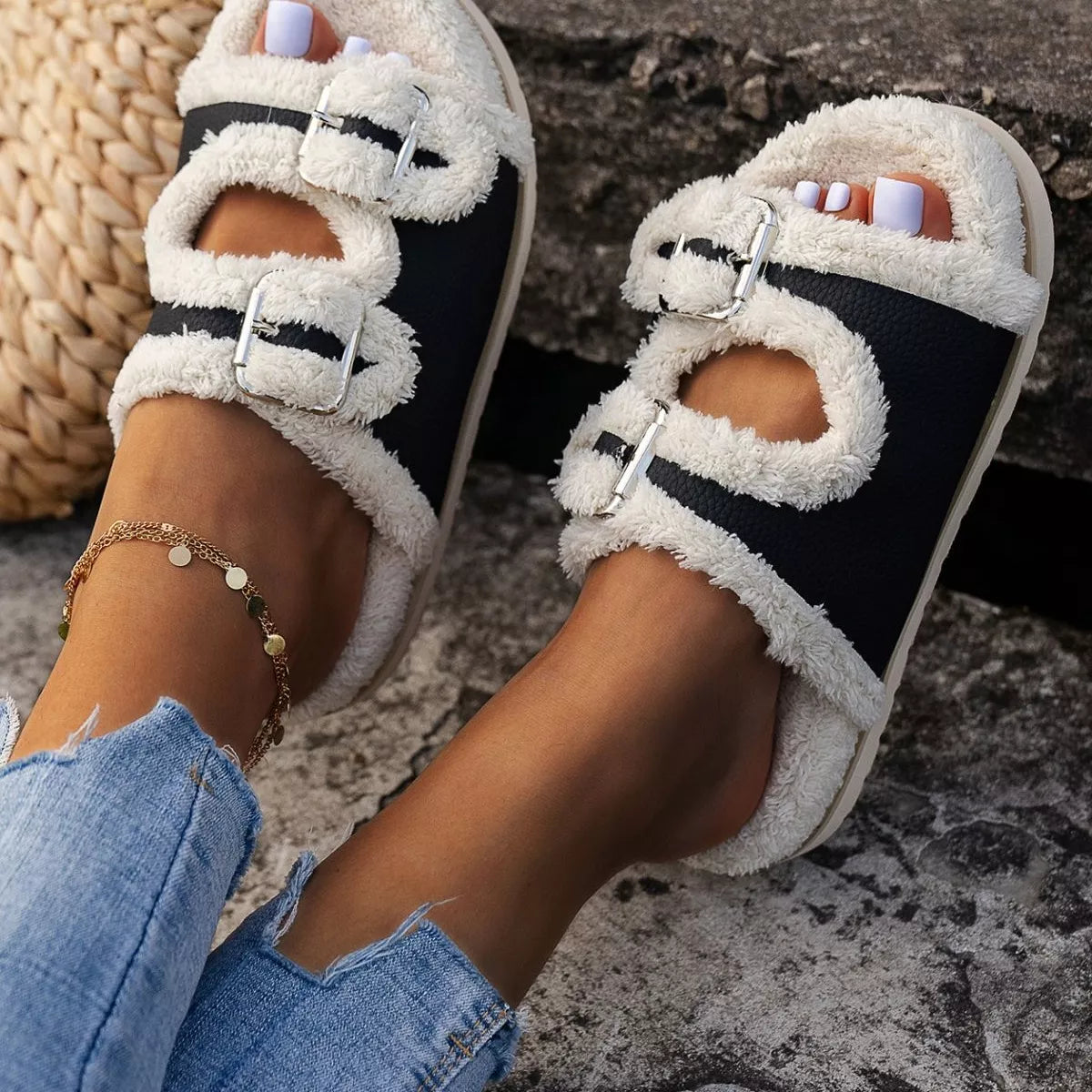 Buckle Decor Plush Lined Platform Slippers - Lilixa.store
