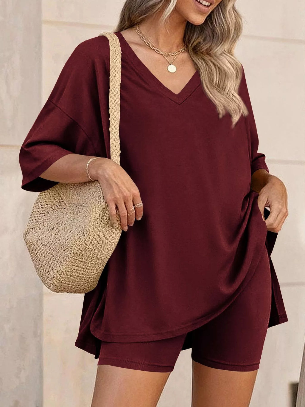 Full Size Casual Loose V-Neck T-Shirt & Shorts Set Plus Size - Lilixa.store