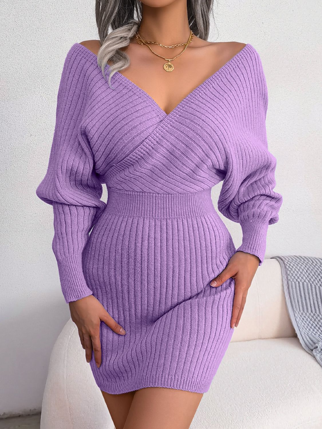 Rib-Knit Dolman Sleeve Sweater Dress, view 5