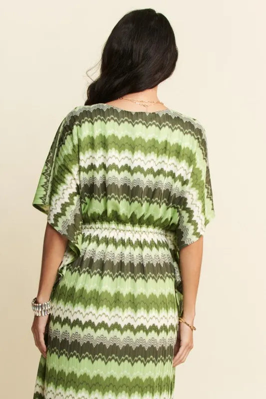 Davi & Dani Multi Color Wavy Tie Waist Flowy Sleeve Dress - Lilixa.store
