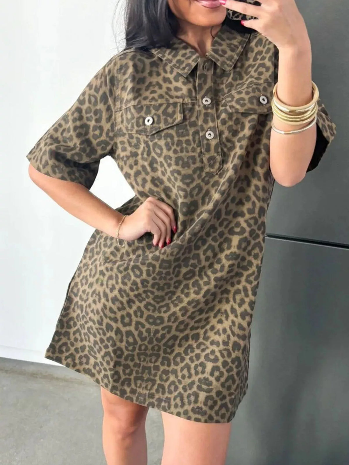 Leopard Print Short Sleeve Denim Dress, view 4