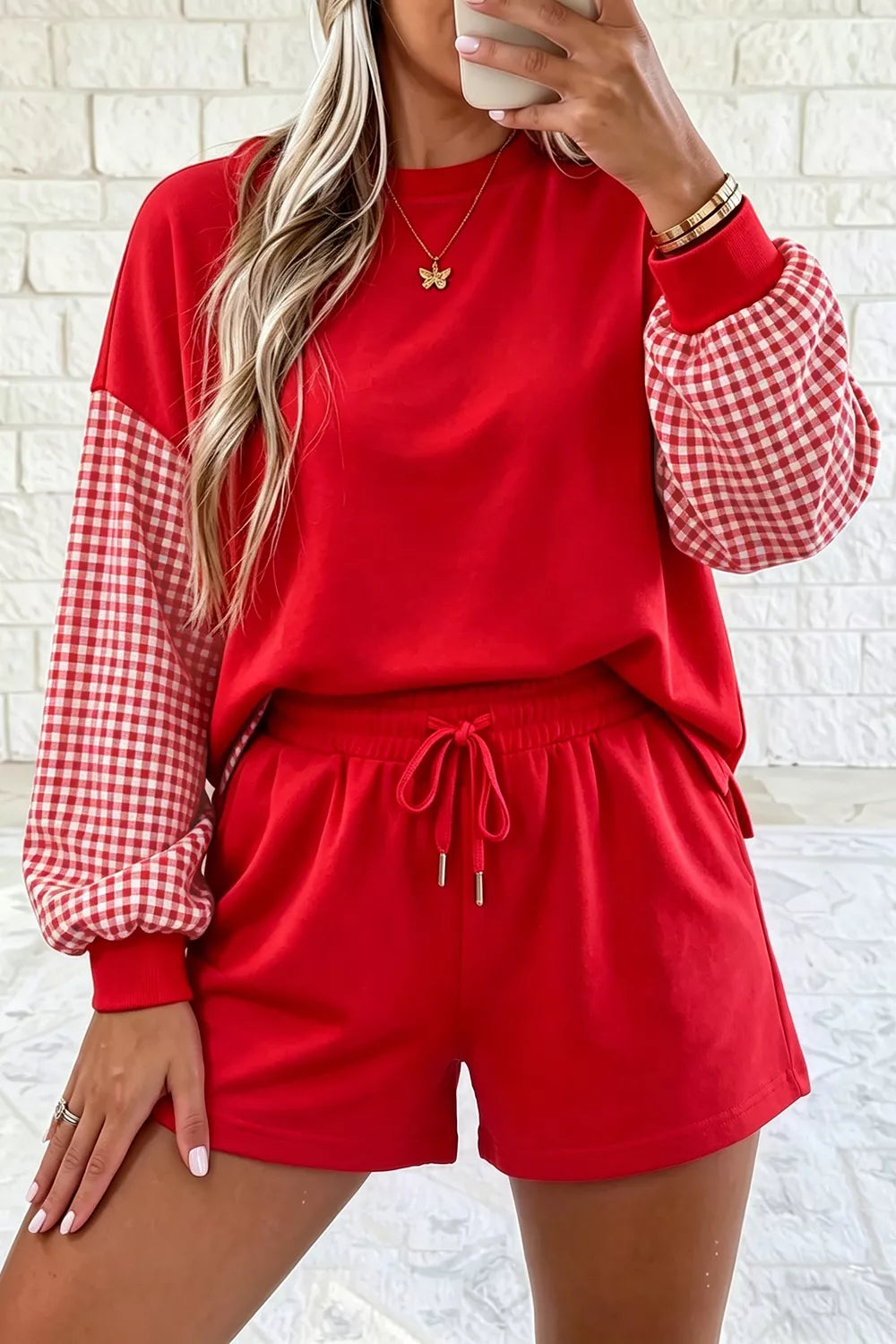 Gingham Patchwork Long Sleeve Sweatshirt and Shorts Set - Lilixa.store