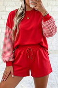 Gingham Patchwork Long Sleeve Sweatshirt and Shorts Set - Lilixa.store