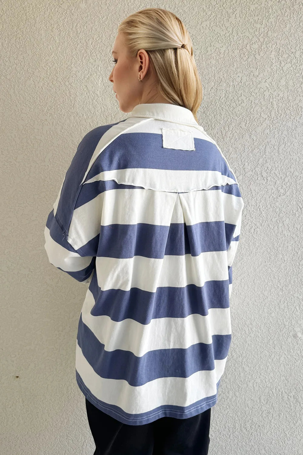 Oh Pima Cotton Wash Wide Striped Collared Neck Long Sleeve Top - Lilixa.store