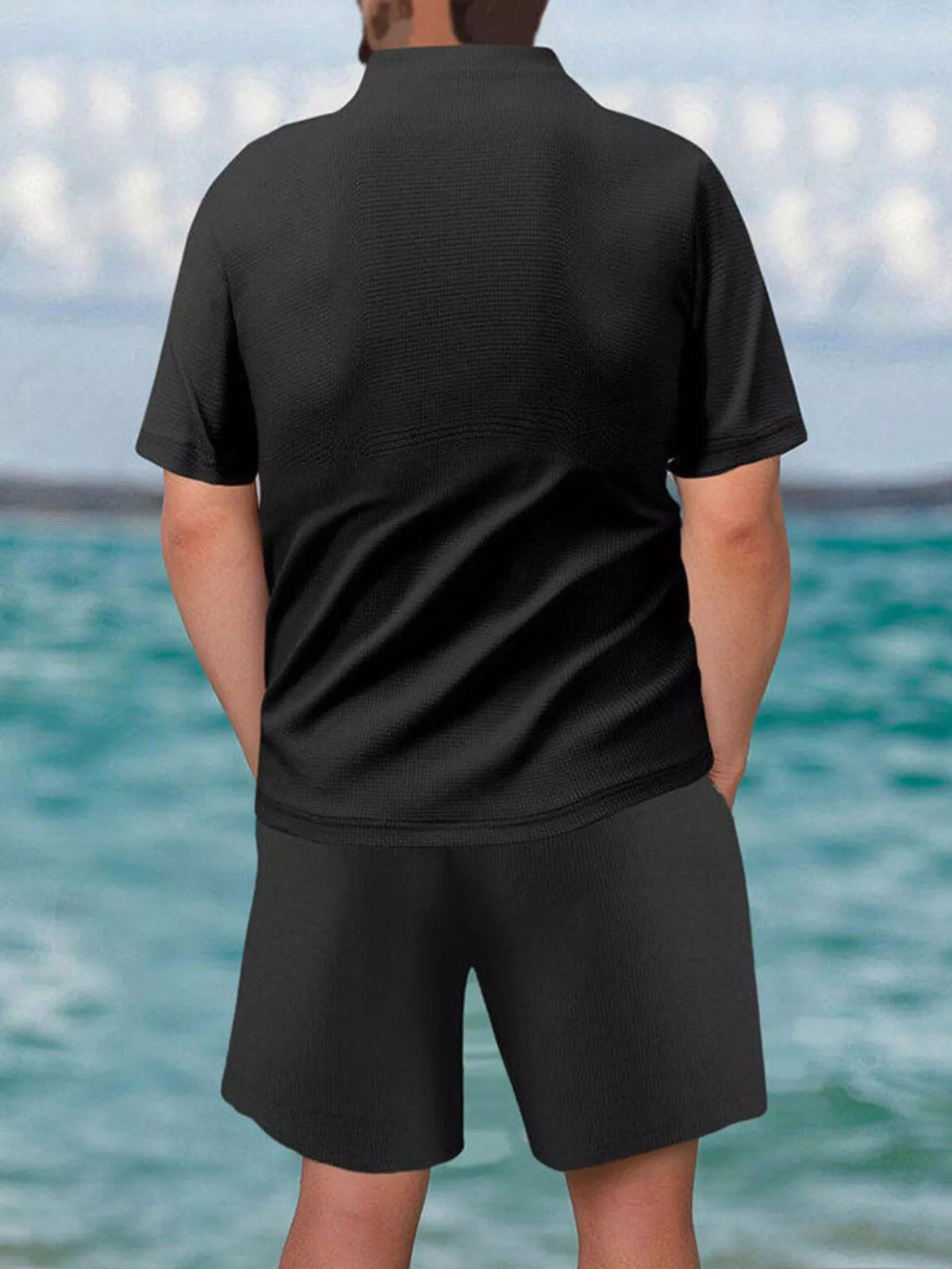Men's Full Size Zip Front Short Sleeve Top and Shorts Set Plus Size, view 3