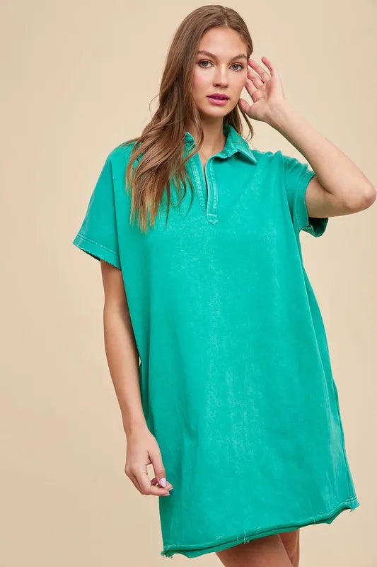 Annie Wear Mineral Washed Johnny Collar Short Sleeve Dress - Lilixa.store