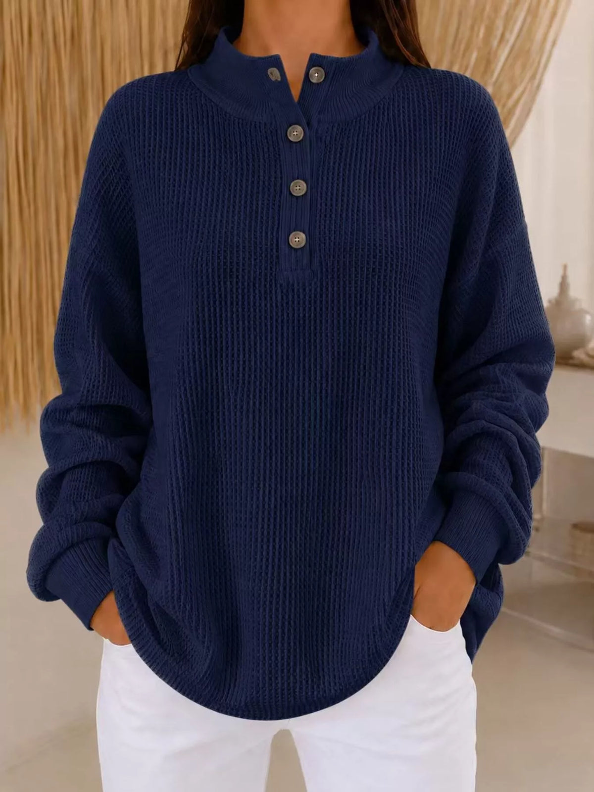 Full Size Waffle Knit Button Detail Sweatshirt Plus Size - Lilixa.store