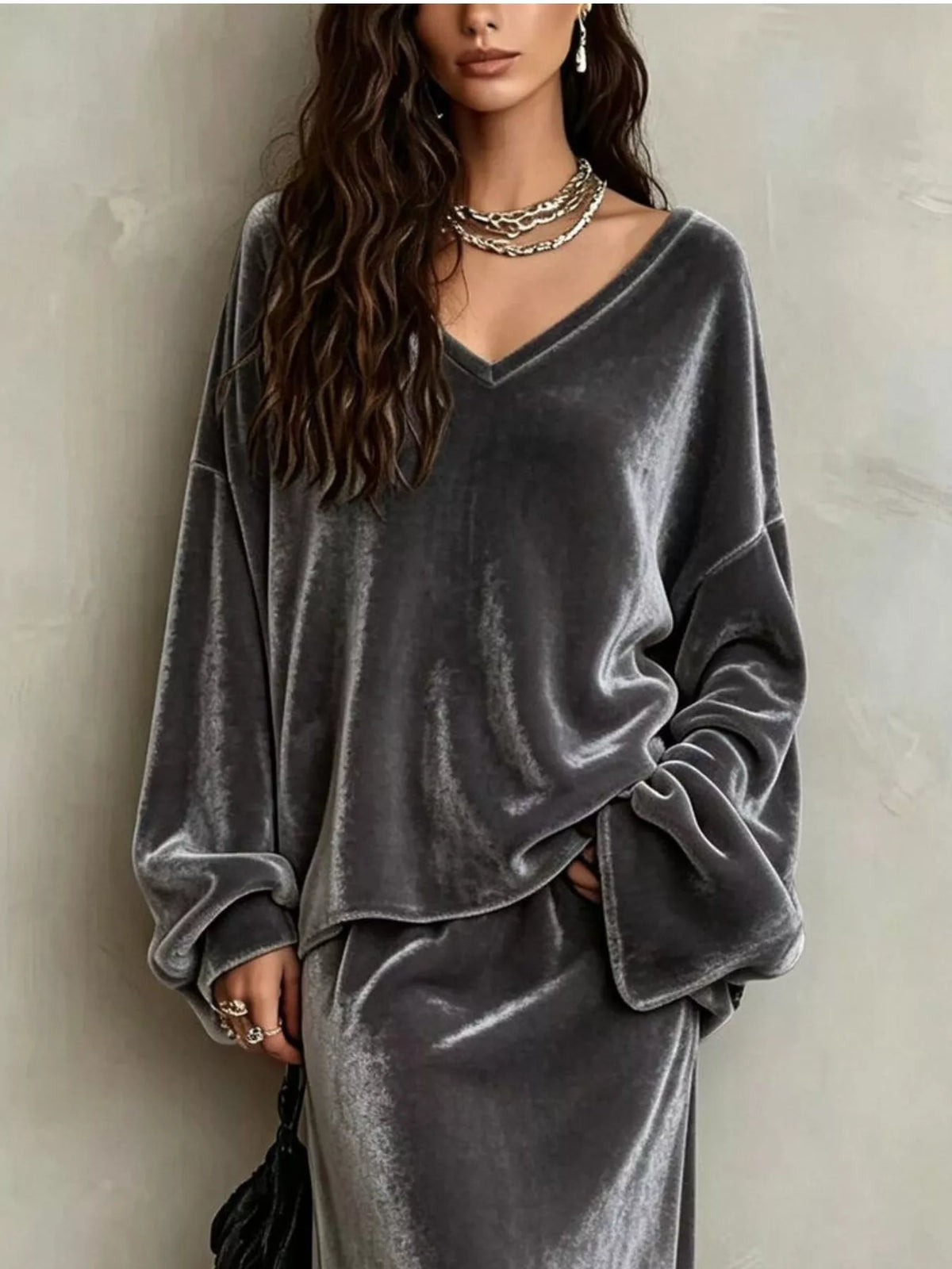 V-Neck Velvet Long Sleeve Top and Maxi Skirt Two-Piece Set