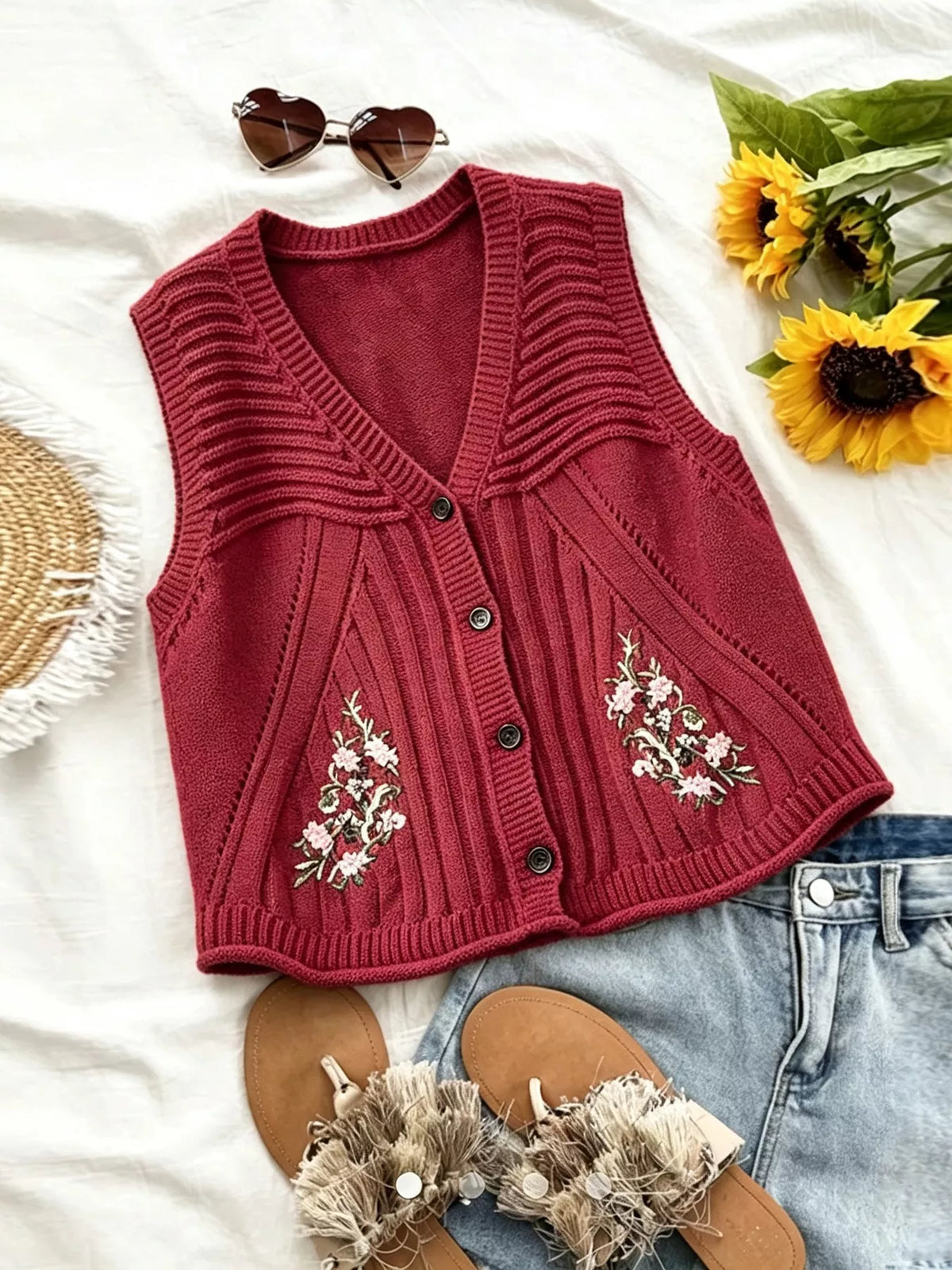 Floral Embroidered V-Neck Button-Down Sweater Vest - Lilixa.store