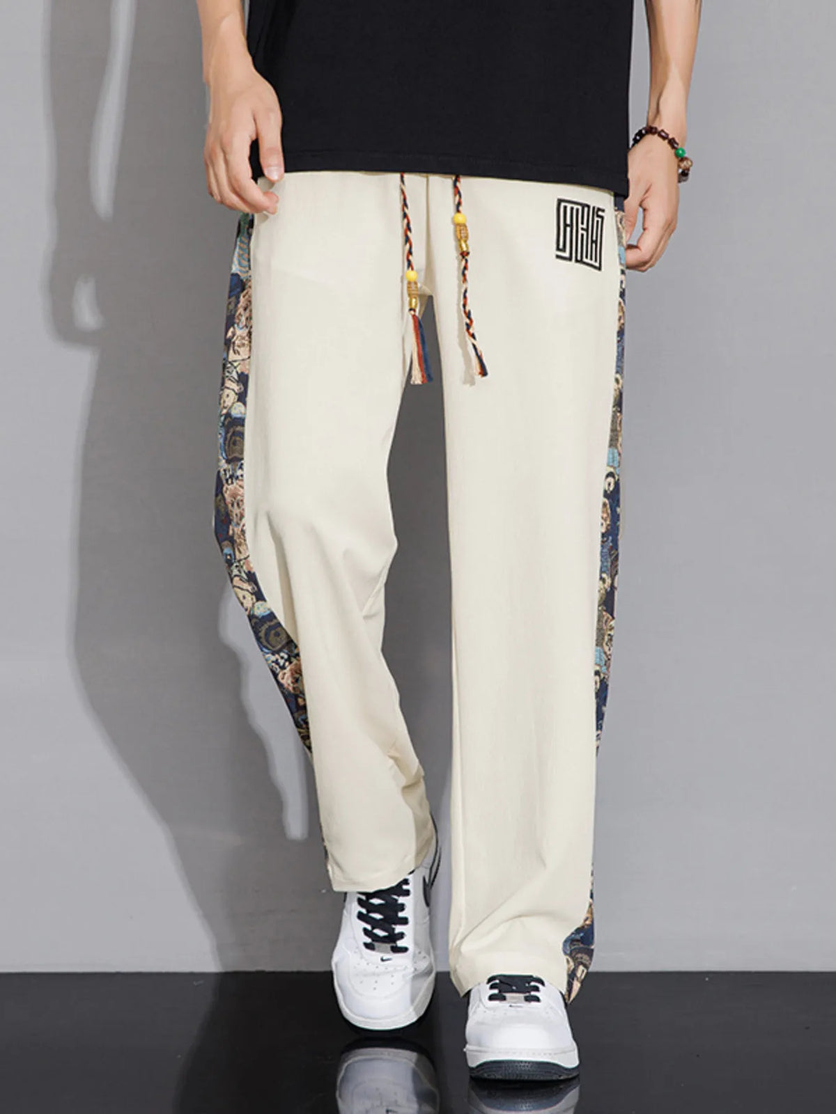 Men's Full Size Printed Side Stripe Loose Pants Plus Size in Eggshell
