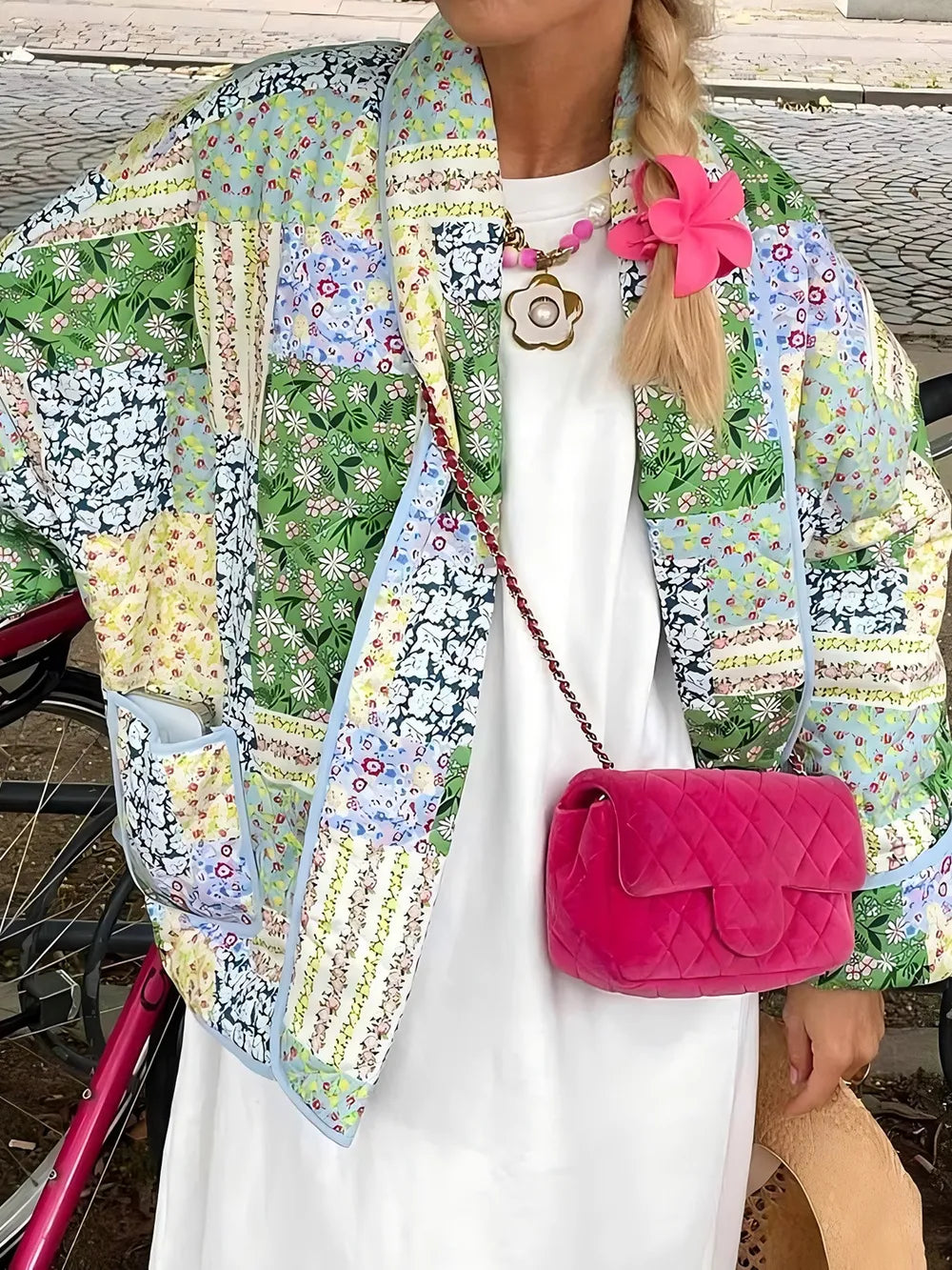 Printed Patchwork Open Front Cardigan with Pockets in Gum Leaf