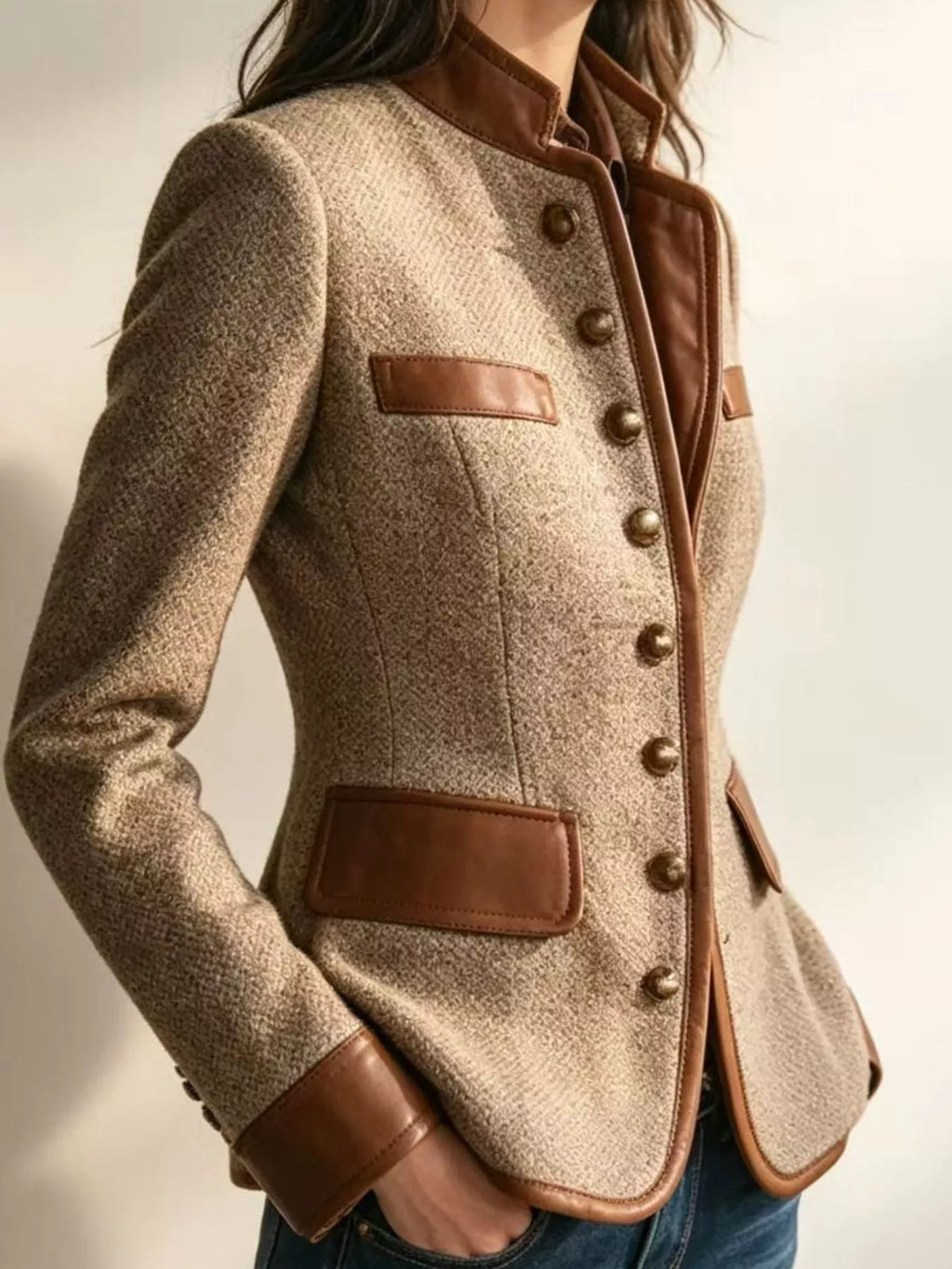 Full Size Contrast Trim Tweed Outerwear Plus Size - Lilixa.store