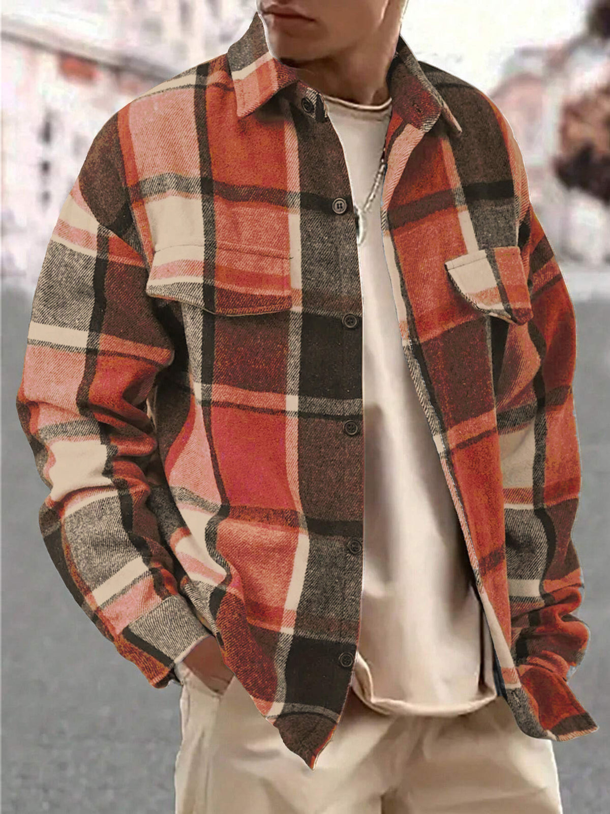Men's Full Size Casual Plaid Button Up Shirt with Dual Chest Pockets Plus Size