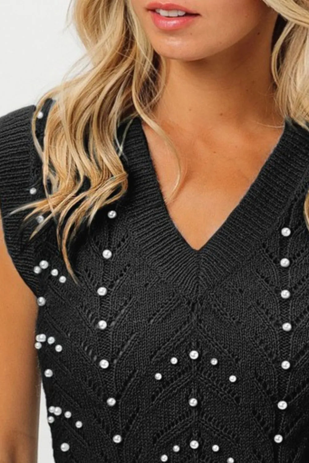 BiBi Chevron Pointelle Pearl Knit Top in Black, view 2