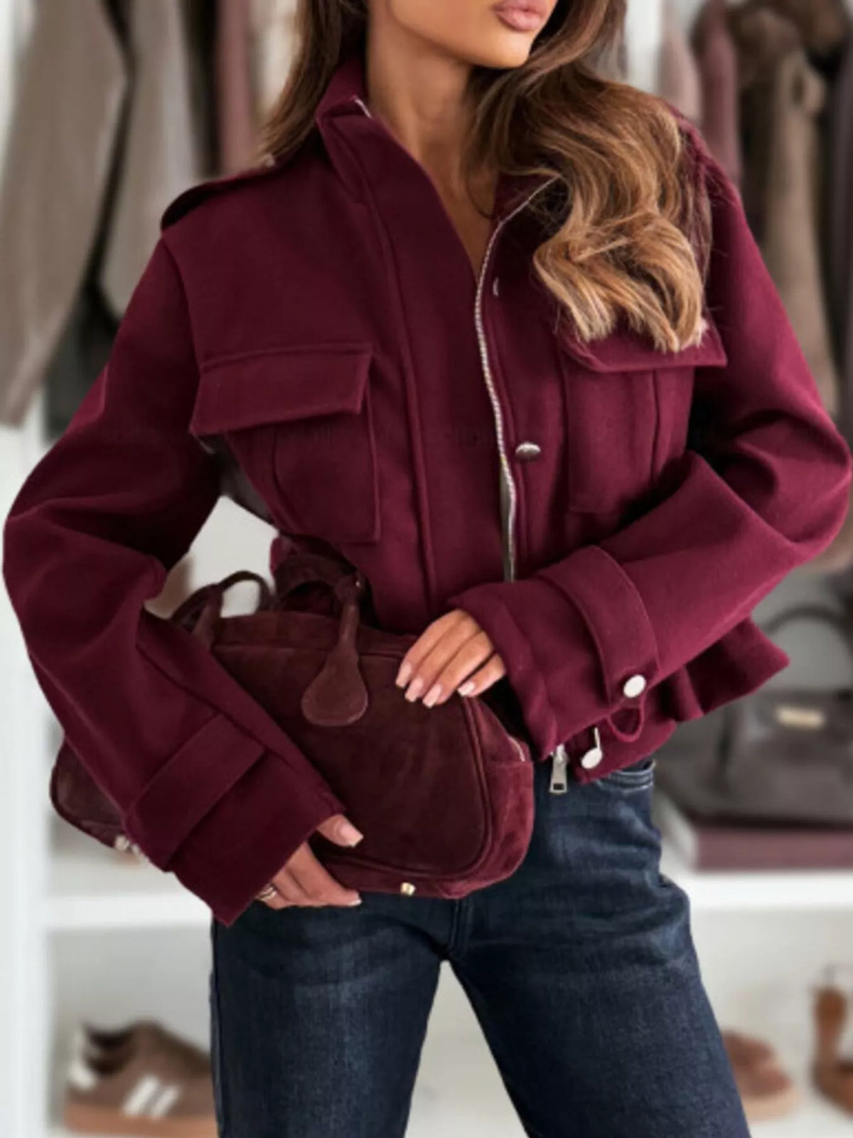 Drawstring Button-Up Casual Jacket, view 8