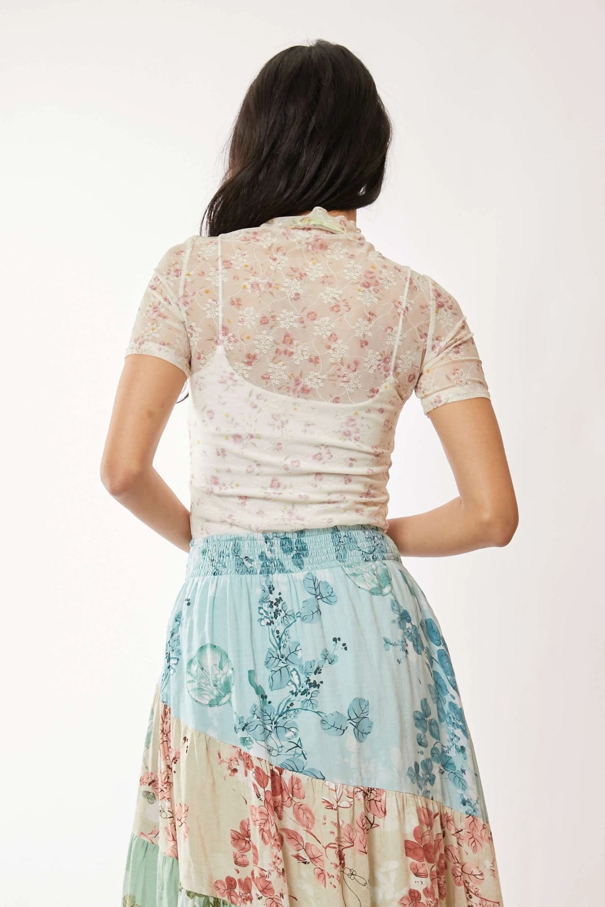 Davi & Dani Floral Mesh Mock Neck Short Sleeve Top - Lilixa.store