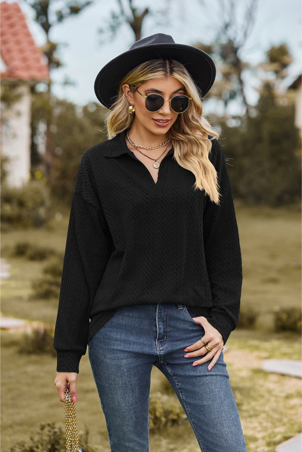 Collared Neck Cable-Knit Long Sleeve Blouse in Black