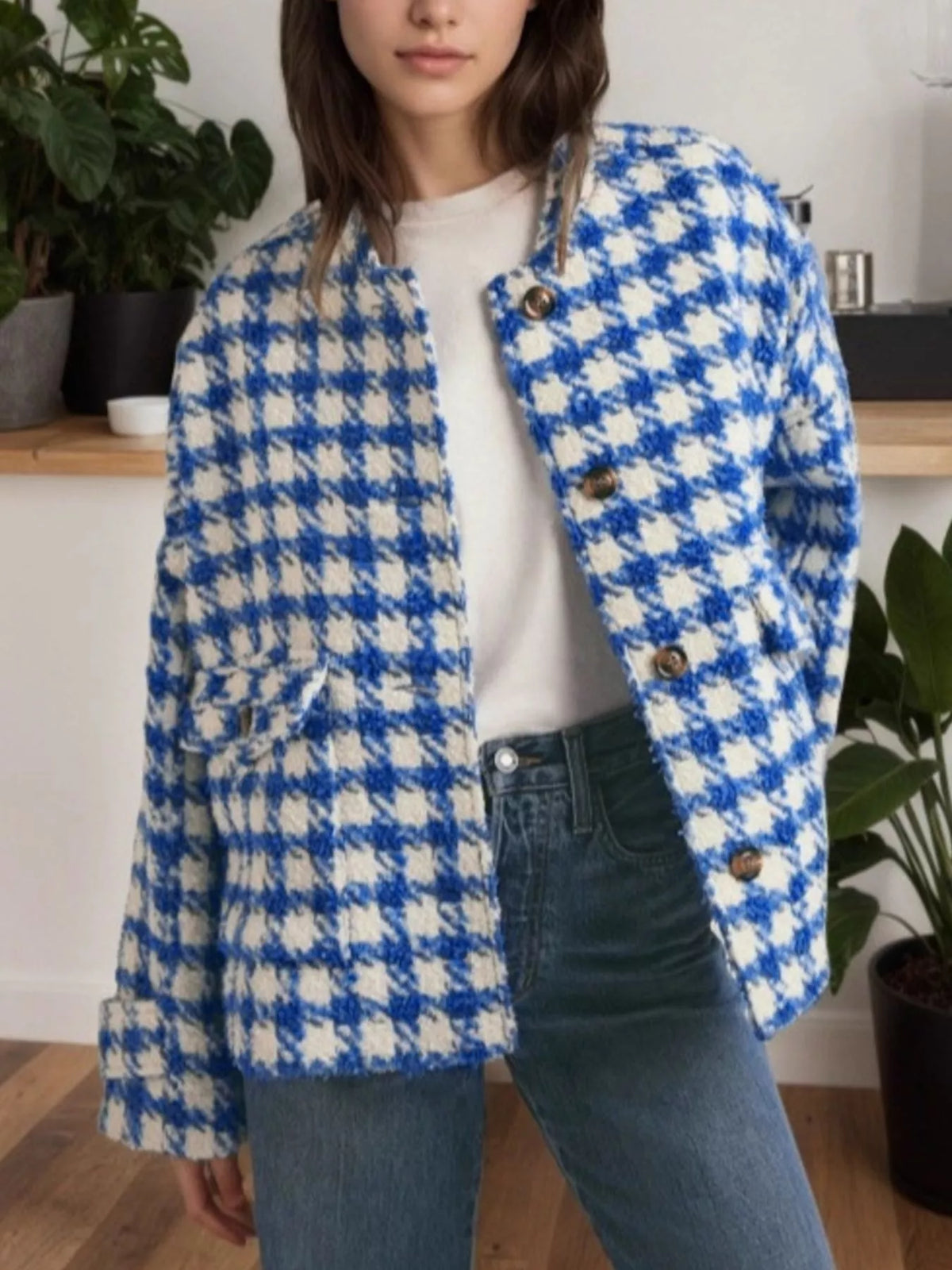 Houndstooth Button Up Long Sleeve Jacket in Blue