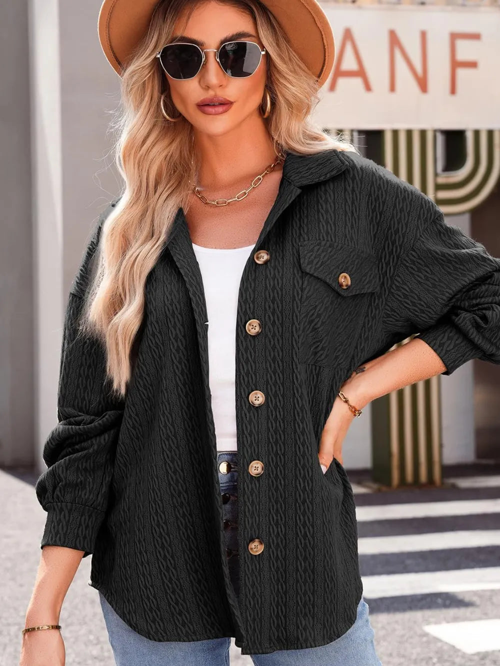 Textured Button Up Long Sleeve Shacket in Black
