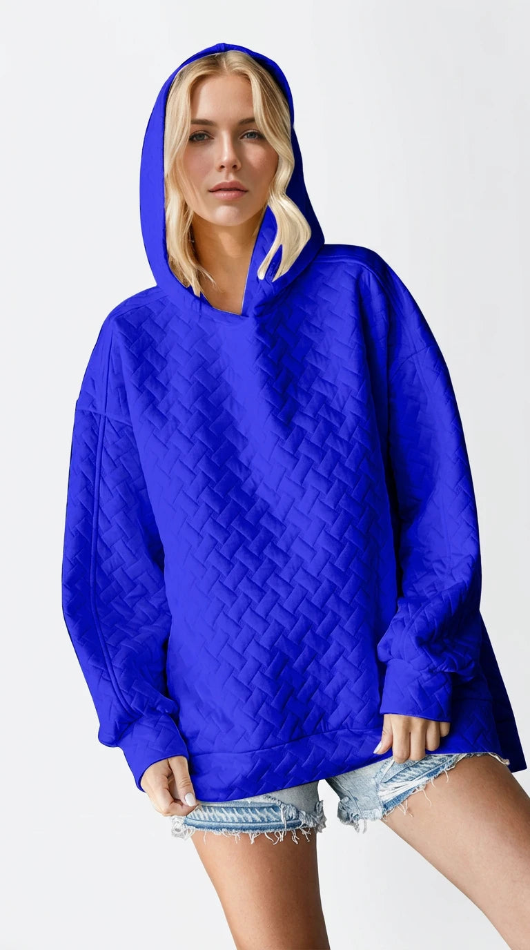 Double Take Full Size Texture Drop Shoulder Long Sleeve Hoodie in Royal Blue