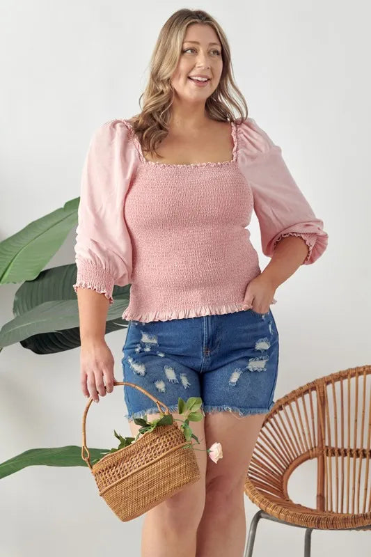GeeGee Full Size Ruffled Smocked Frill Square Neck Top Plus Size - Lilixa.store