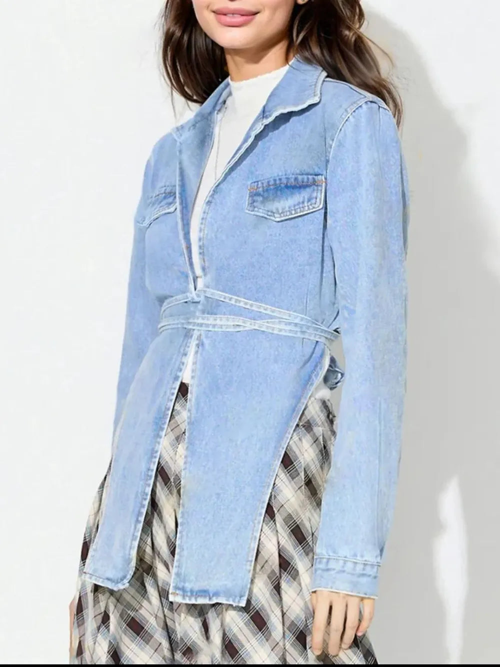 Asymmetric Slit Collared Neck Long Denim Top - Lilixa.store