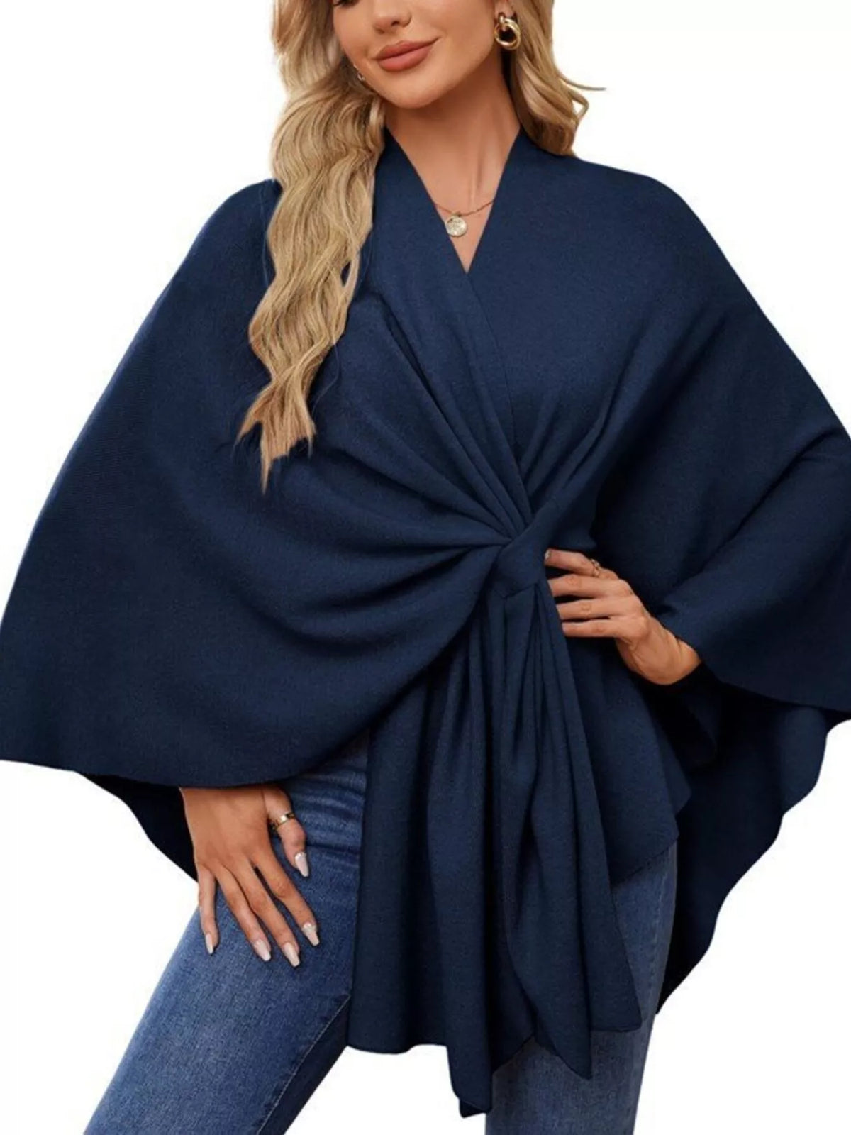 Solid Color Tie-Front Knit Cape Top in Navy
