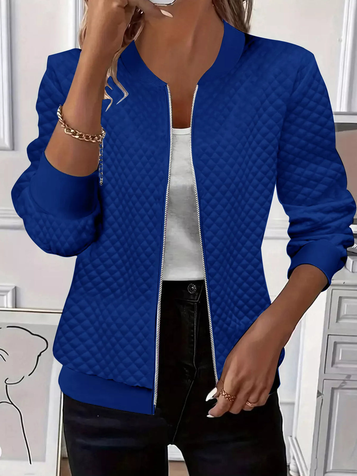 Textured Zip Up Long Sleeve Jacket in Blue