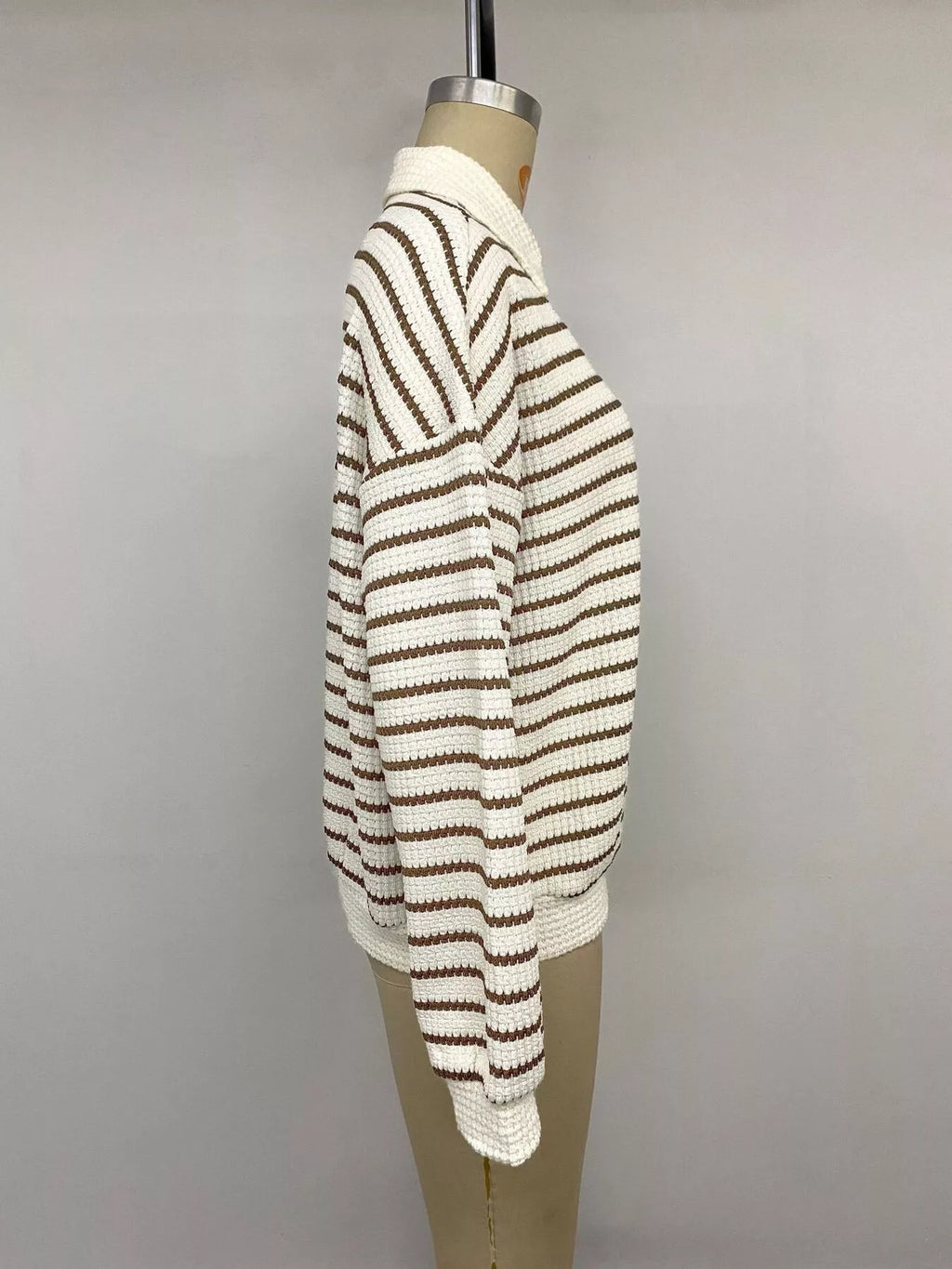 Striped Polo Collar Knit Sweatshirt - Lilixa.store