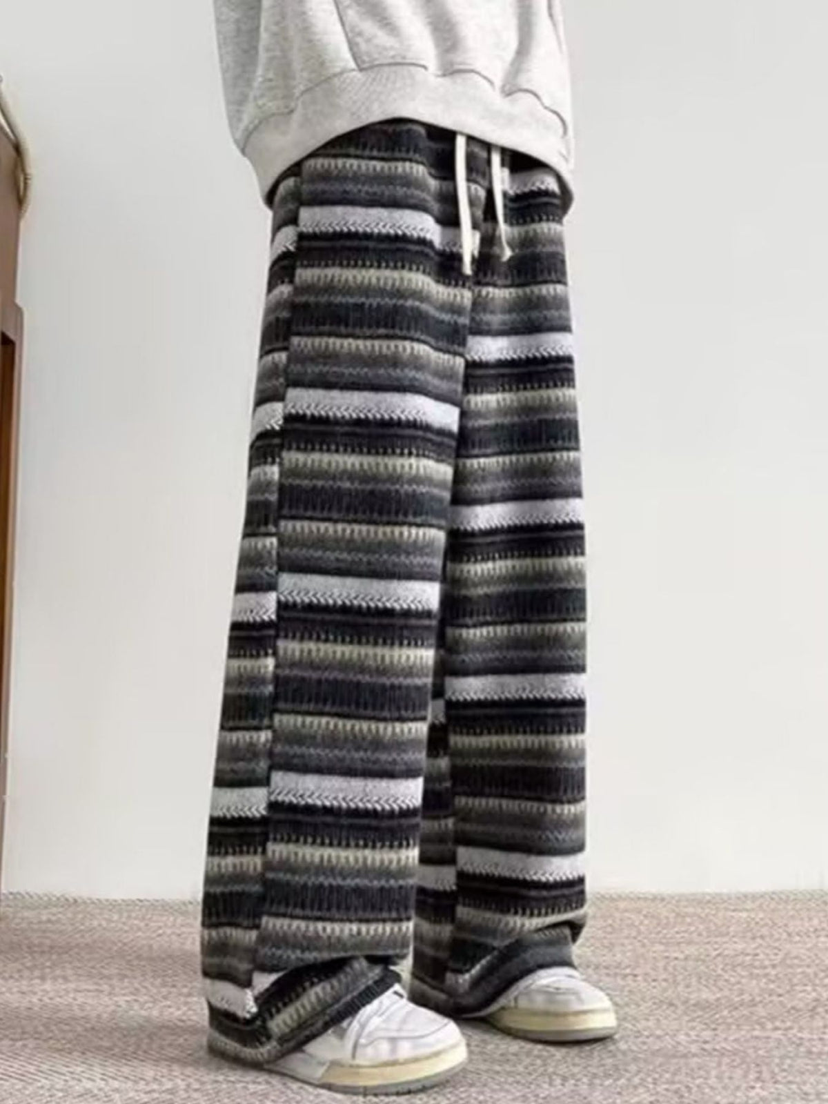 Men's Plus Size Drawstring Striped Wide Leg Pants in Gray