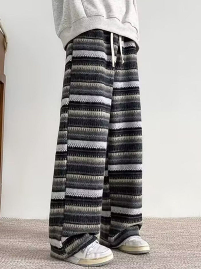 Men's Plus Size Drawstring Striped Wide Leg Pants in Gray