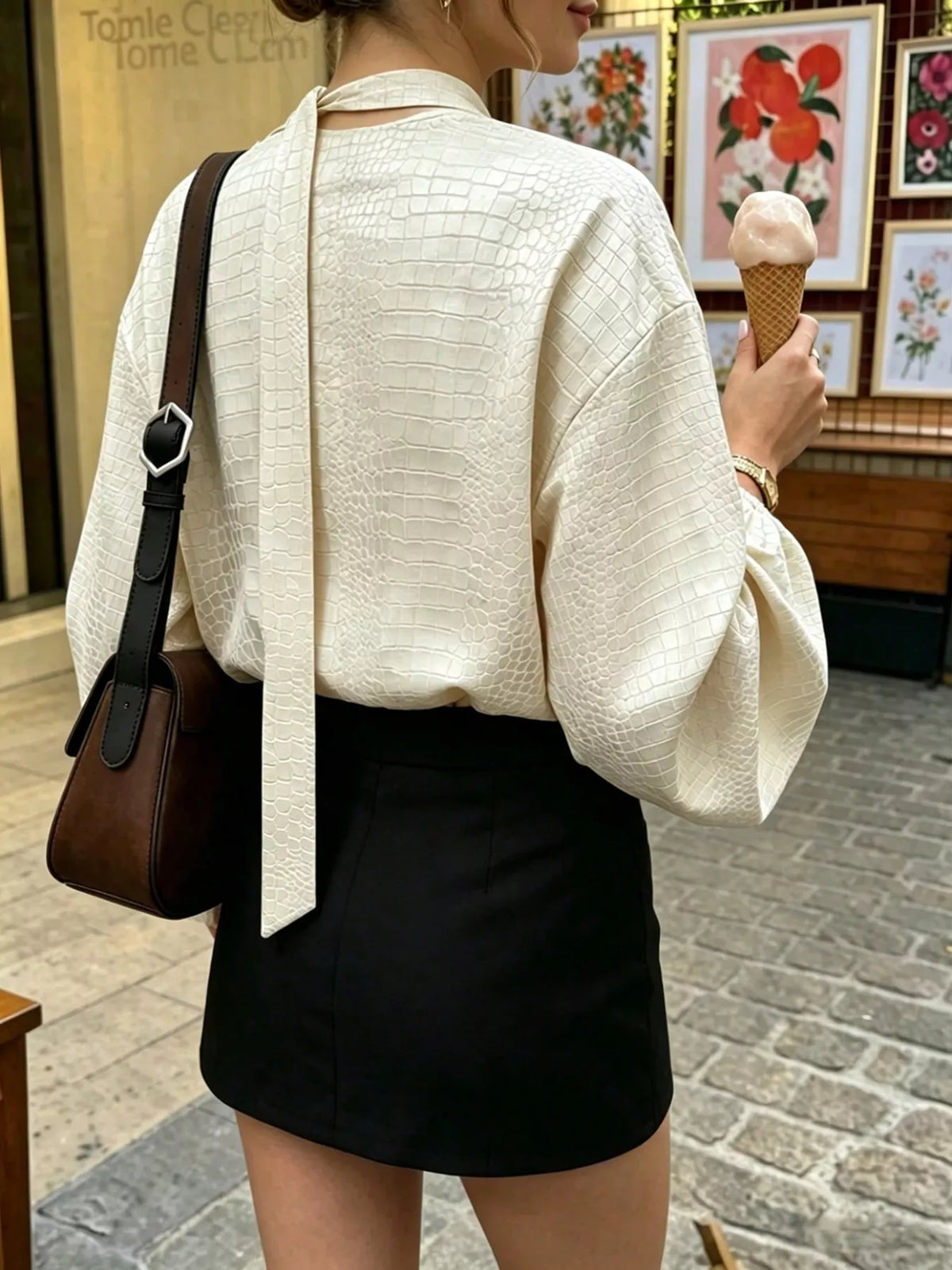 Crocodile-Embossed Surplice Balloon Sleeve Blouse in Beige, view 2