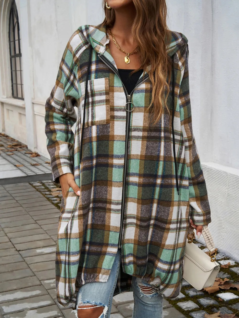 Devine Plaid Zip Up Hooded Coat - Lilixa.store