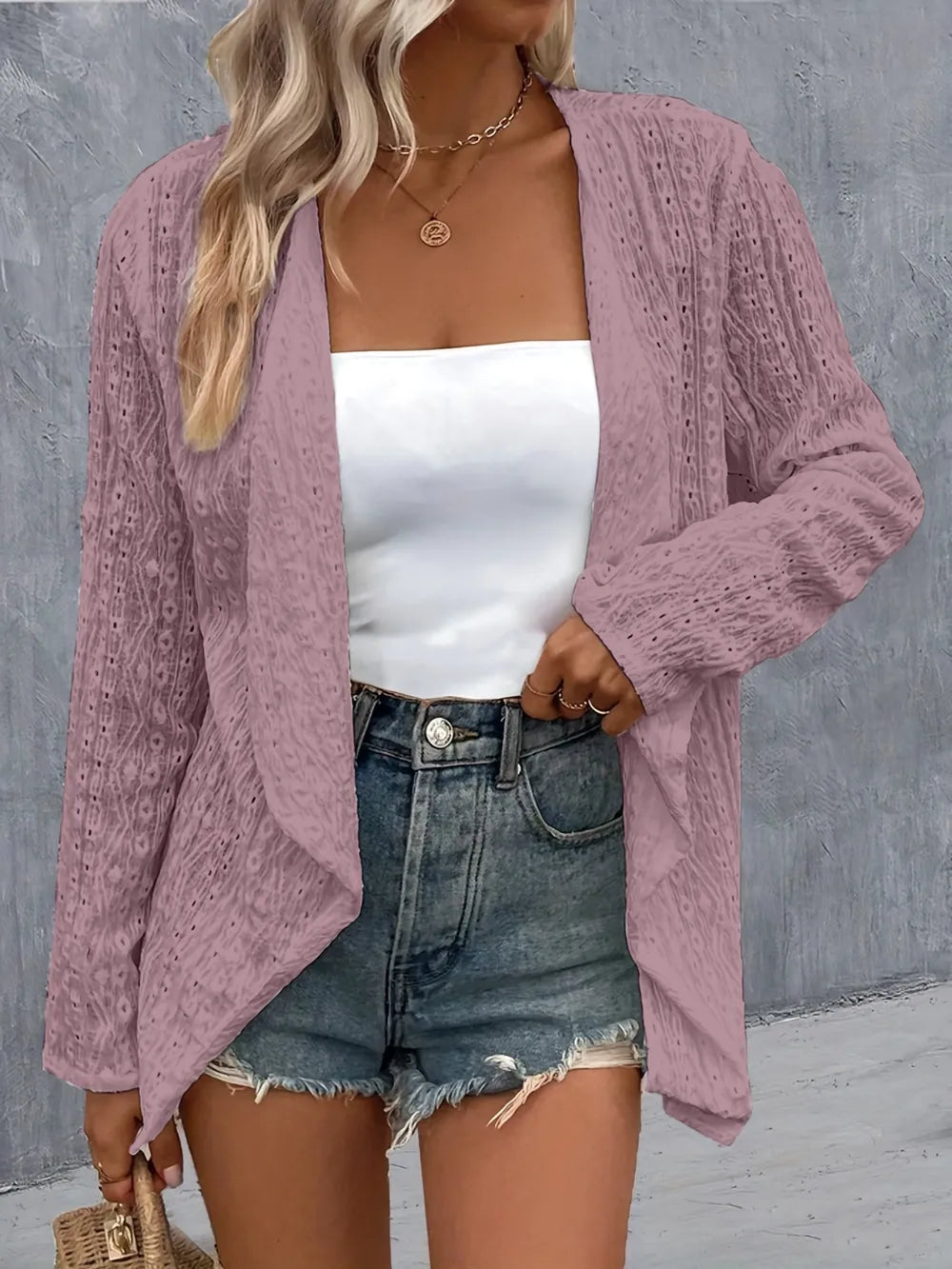 Eyelet Roll-Tab Sleeve Cardigan - Lilixa.store