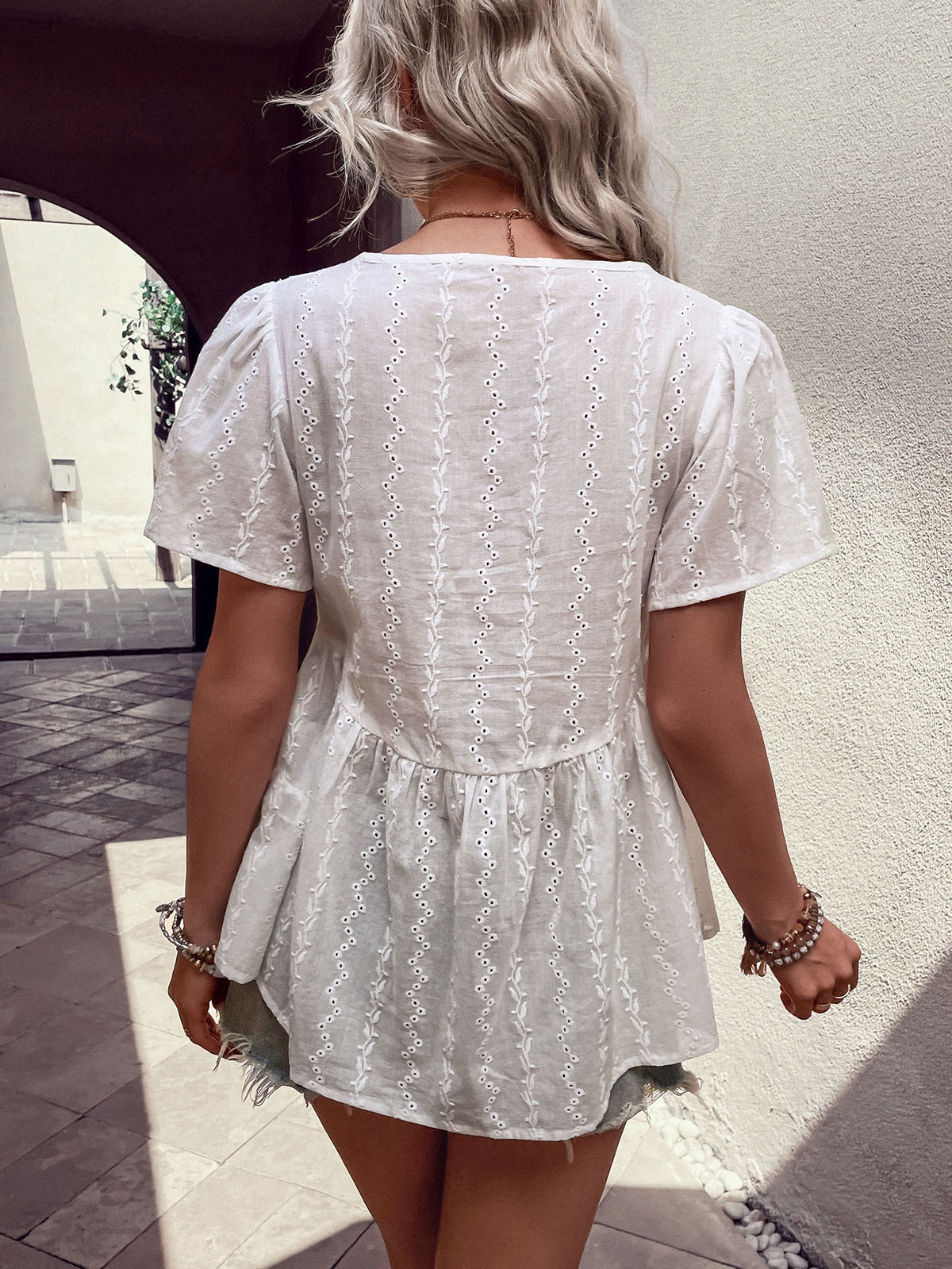 Perfee Tied Decorative Buttons Short Puff Sleeve Blouse in White, view 2